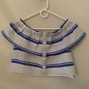 Blue + White off the shoulder crop top